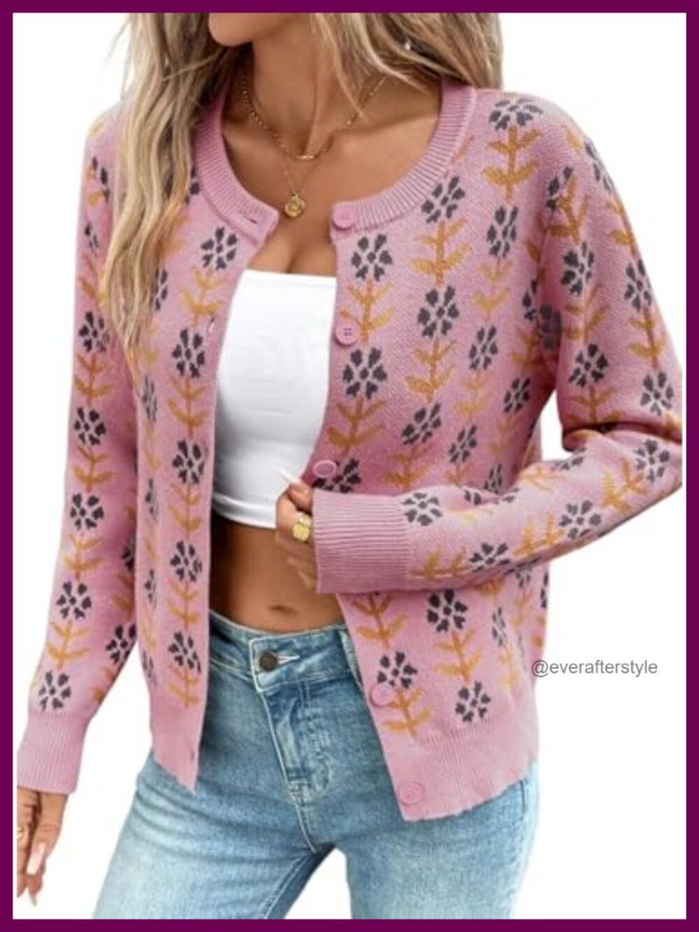 Women's Cropped Floral Knit Cardigan Long Sleeve Button Down